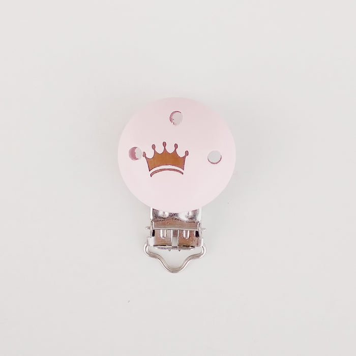Pinza para chupete de madera, color rosa con símbolo